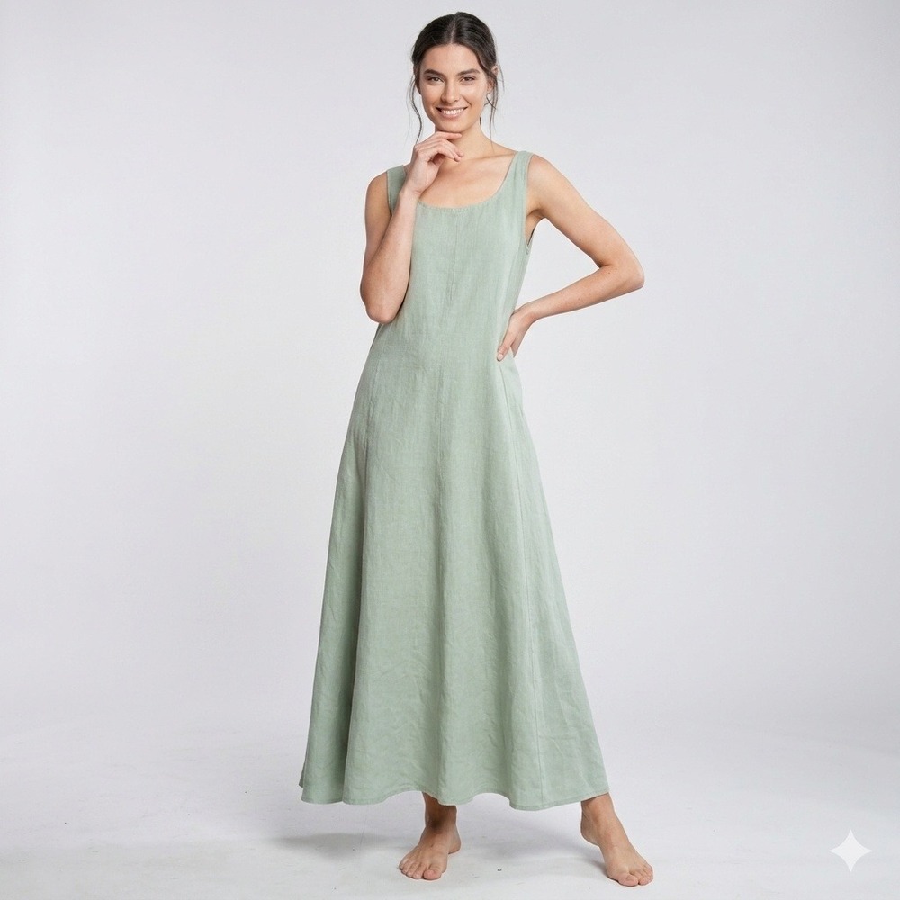 Filosofia  Green 100% Linen Maxi Sundress Sleeveless Scoop Neck Made in USA S